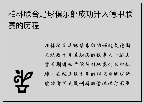 柏林联合足球俱乐部成功升入德甲联赛的历程