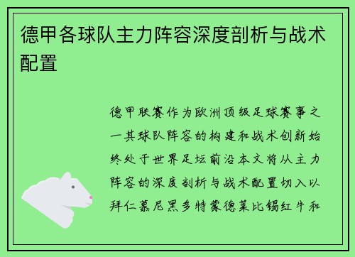 德甲各球队主力阵容深度剖析与战术配置