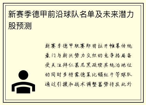 新赛季德甲前沿球队名单及未来潜力股预测